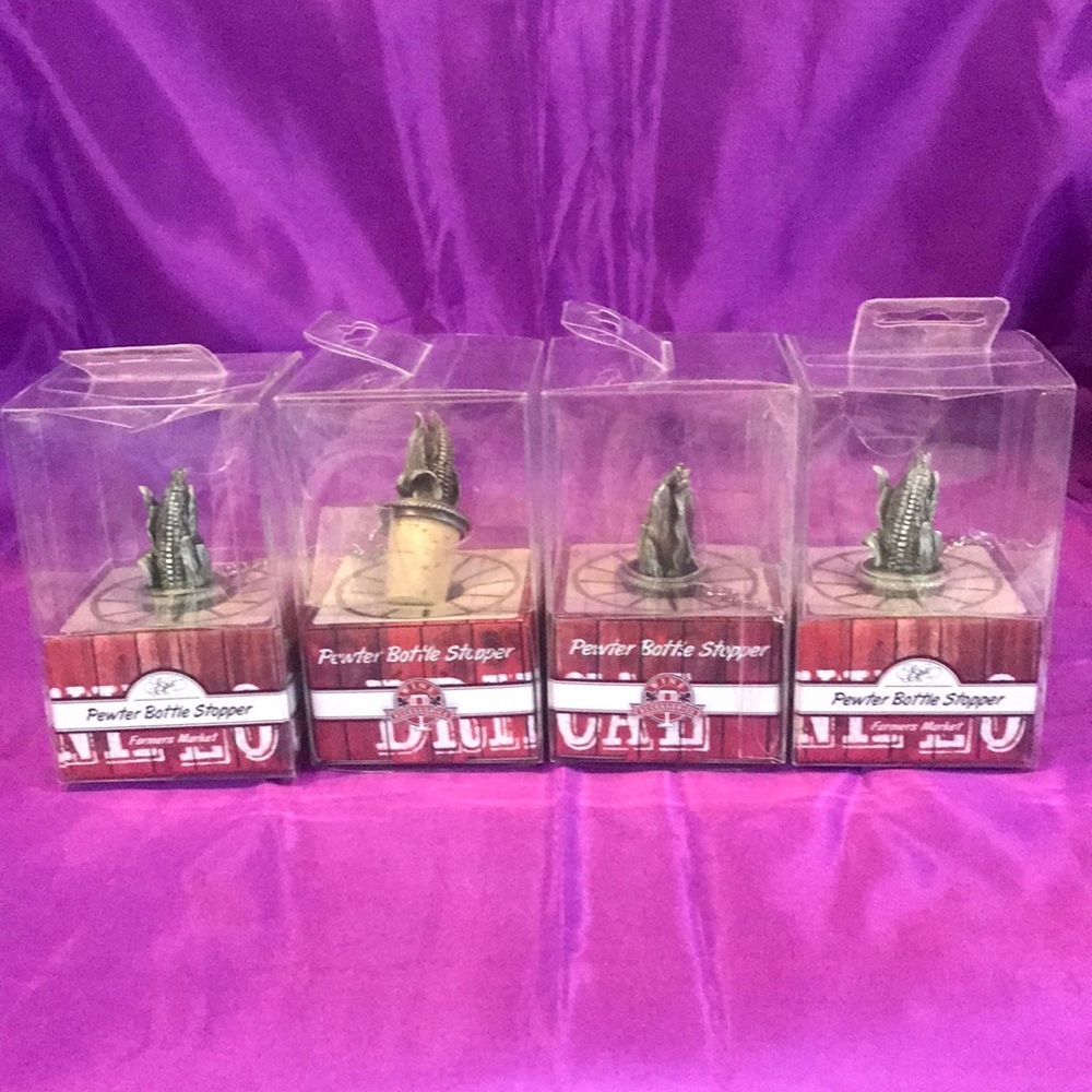 NWT Epic Set of 4 pewter corn husk wine bottle stopper Farmers market collection